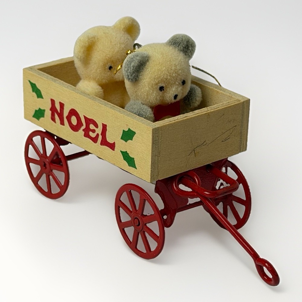 Avon Flocked Teddy Bears Wooden Wagon Noel Christmas Ornament Holiday